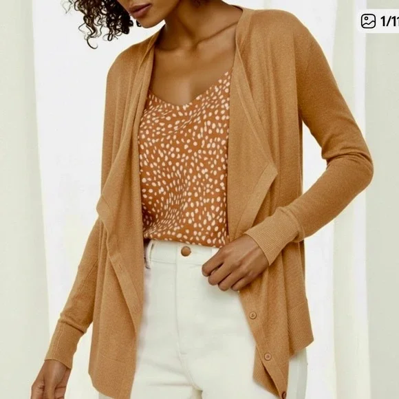 Garnet Hill 100% Linen Draped Open Front Cardigan Camel-Orange Large Travel - Picture 1 of 6